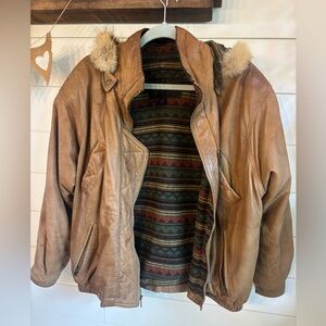 Winlit Men's Brown Leather Bomber Jacket with Faux Fur Trim